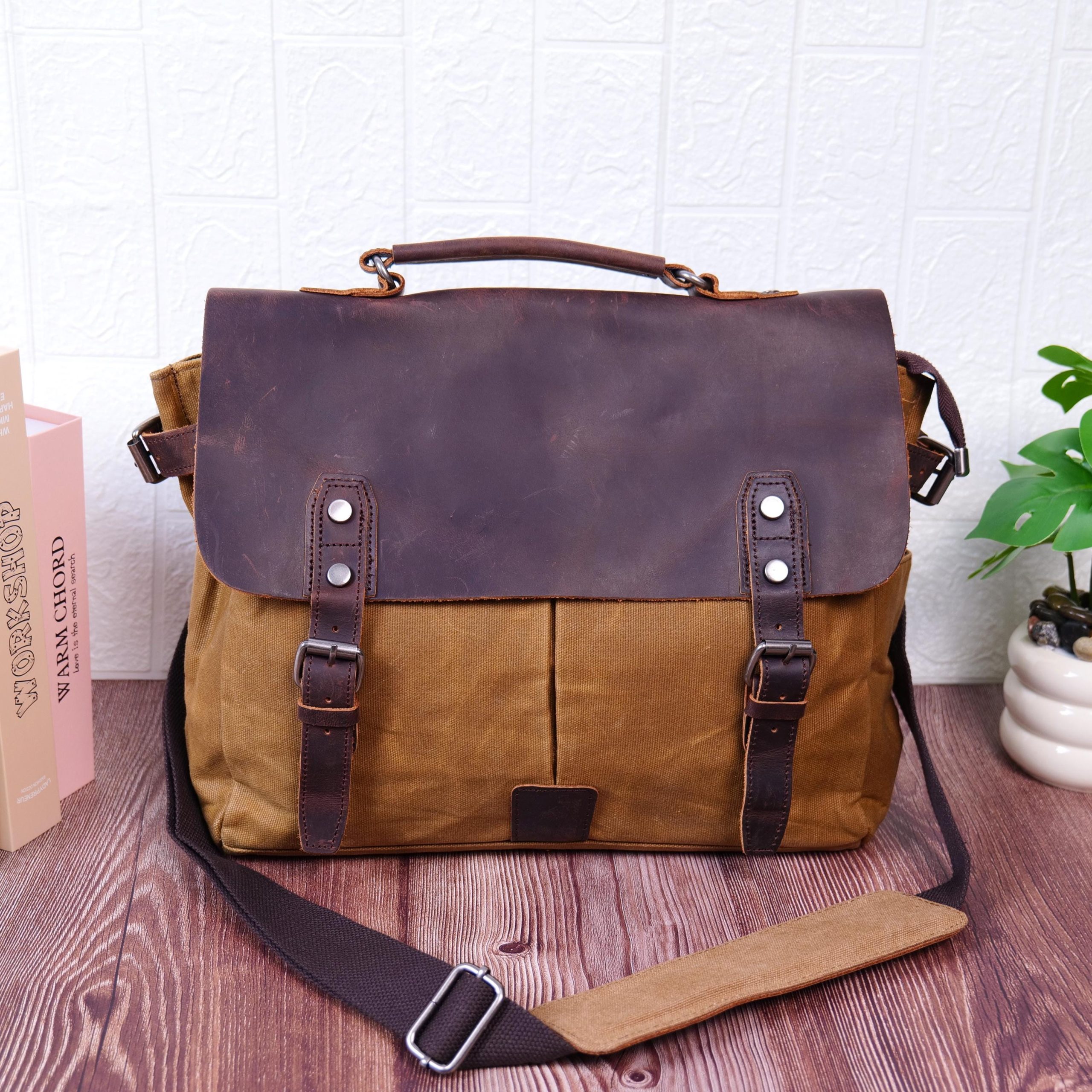 Vintage Waxed Canvas Leather Messenger Bag Retro Laptop